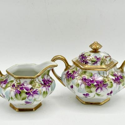 Hand-Painted Nippon Creamer & Sugar Set – Purple Violets & Gold Moriage