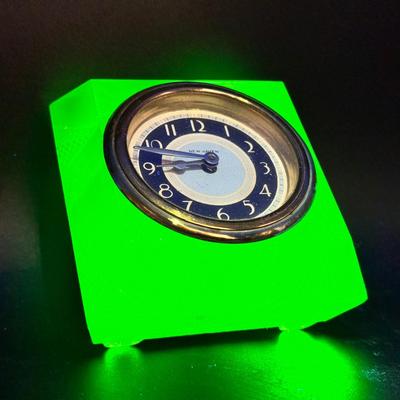 Newhaven Clock Mounted in Uranium Glass
