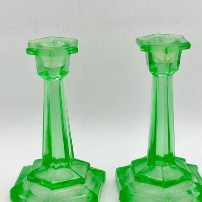 (2) Art Deco Green Uranium Glass Candlestick Holders