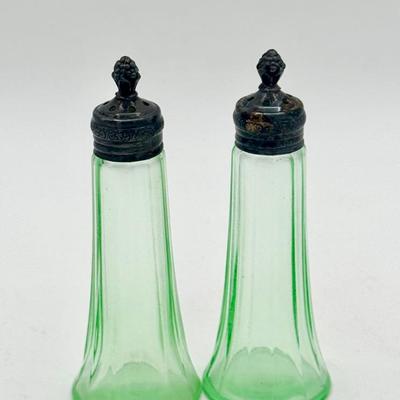 Antique Uranium Glass Salt & Pepper Shakers – Paneled Base with Ornate Finials