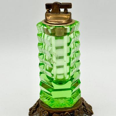 Mid-Century Uranium Glass Table Lighter with Ornate Base