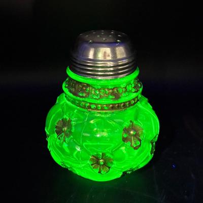Antique Uranium Glass Salt Shaker – Floral Medallion with Metal Appliqué
