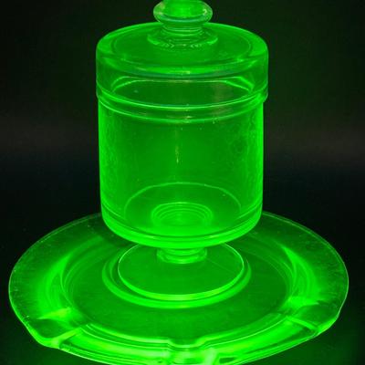 Uranium Glass Tobacco Jar with Ashtray Base