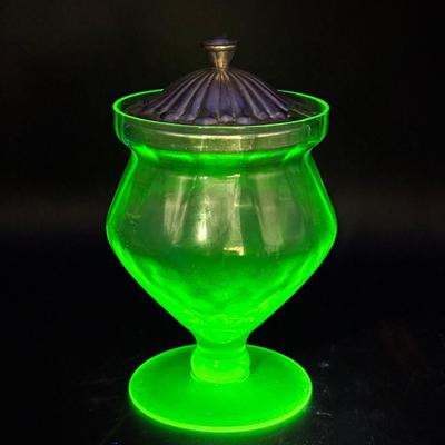Uranium Glass Footed Candy Dish with Metal Lid