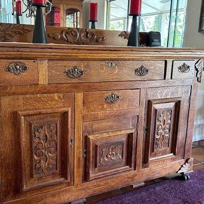 Sale Photo Thumbnail #1: Large solid oak antique buffet, refinished with original hardware, c. 1880.
