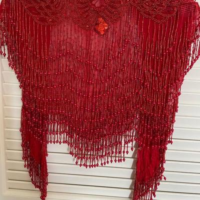 AWT162 - Beautiful Red Beaded 100% Silk Cape Shawl