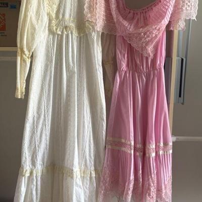 AWT210 Vintage Duo: Prairie Eyelet Lace Dress & Pink Off-Shoulder Ruffle 