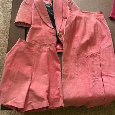 AWT097 Vintage Danier Pink Suede Blazer, Skirt, and Shorts Set 