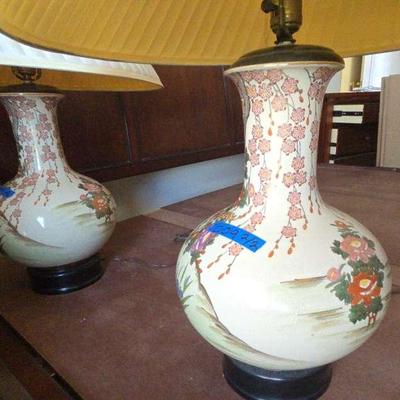 AWT009 Pair of Japanese Porcelain Lamps With Pleated Lamp Shade