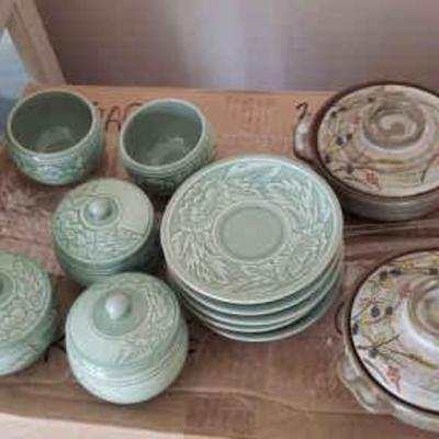 AWT341- Celadon Pottery & Clay Serving Dishes