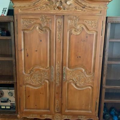 Country French Carved Wood Wardrobe/Armoire - heavy, large