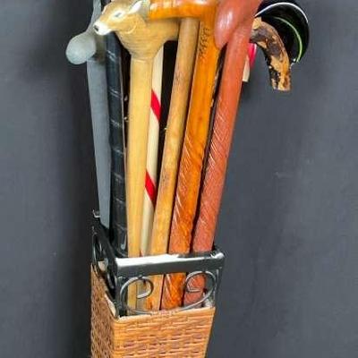 Collection of 13 Canes and Walking Sticks with Holder