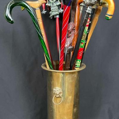 Collection of 13 Walking Canes with Cane Holder