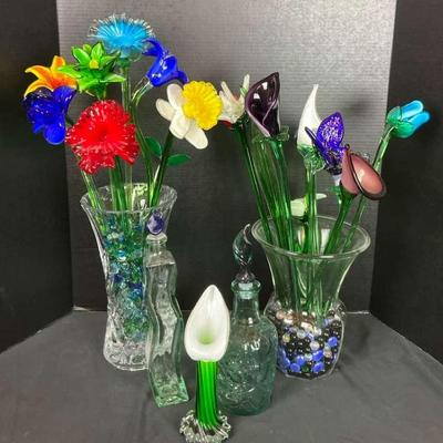 Hand Blown Glass Flowers with Vase
