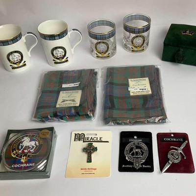Celtic Scottish Tartan Coffee Mugs, Glass Highballs, Pins, and Coasters Set