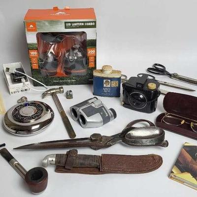 Vintage Kodak Camera, Tesla Coil Lighter, Pipe, and Vintage Knife in Leather Sheath