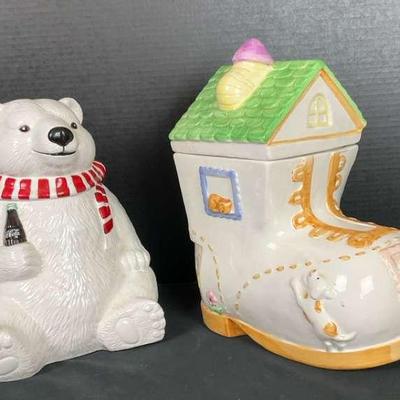 Coca Cola Polar Bear and Shoe House Cookie Jars
