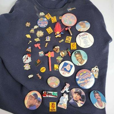 Atlanta Braves Sweatshirt with Assorted Pins Collection