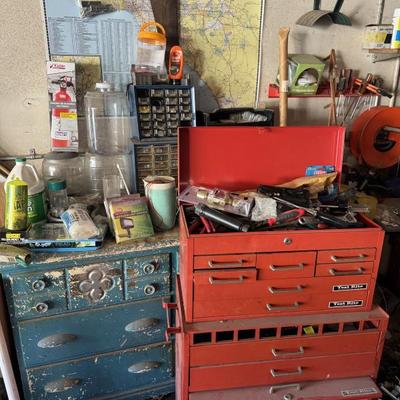 Rolling tool cart, hand tools, fire extinguisher