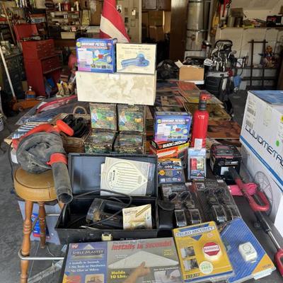 Leaf blower, solar lights, black and decker car battery booster, cam buckle tie downs