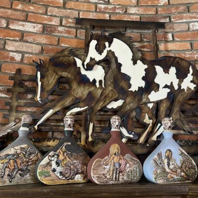 Native American decanter. Metal horse wall art.