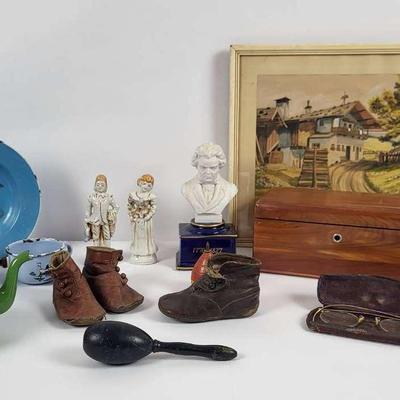 Vintage Childhood & Decorative Collectibles Lot – Boots, Toys, Art, and More