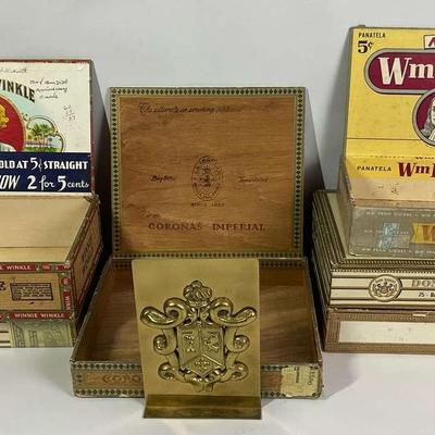 Vintage Cigar Box Lot with Brass Bookend