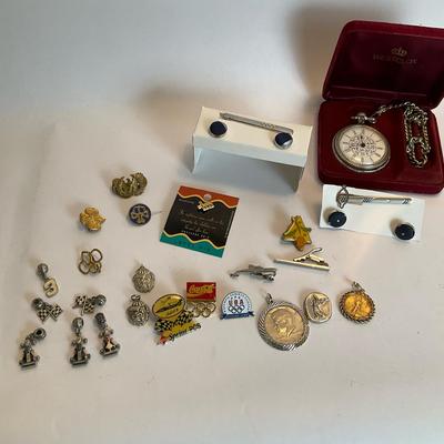 Collection of Vintage Pins, Pocket Watch & Accessories