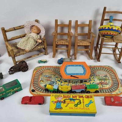 Vintage Toy Lot – Wind-Up Train, Metal Cars, Doll Furniture & More