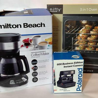Hamilton Beach Coffee Maker, Polaroid Camera, and Nifty Oven Rack
