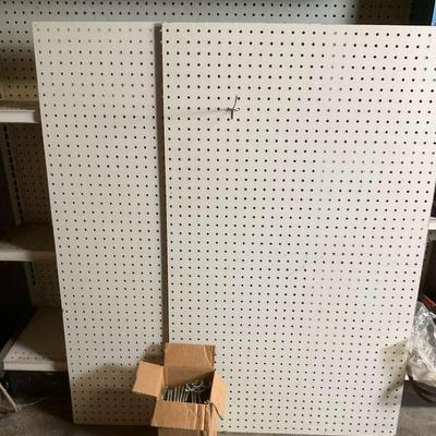 Pegboard Storage Lot – 2 Boards with Brackets and Shelves