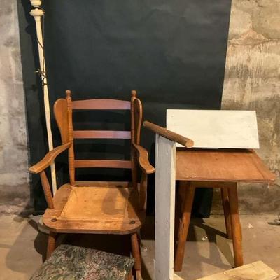 Mixed Vintage Furniture Lot – Table, Chairs, Lamp & Handmade Wooden Scooter
