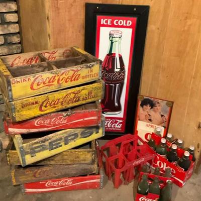 Vintage Coca-Cola Crates & Collectibles with Wooden Sign