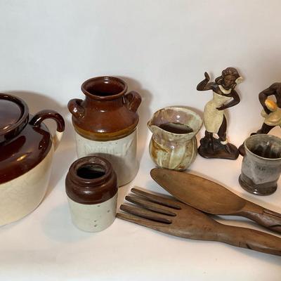 Vintage Pottery & Tribal Decor Lot – Crocks, Carvings, and Utensils