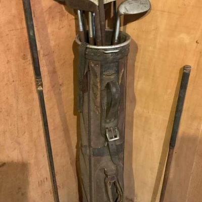 Vintage Golf Clubs & Leather Bag 