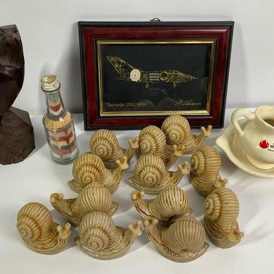 Eclectic Decorative Lot – Carved Bird, Snails Art, Framed Art & More