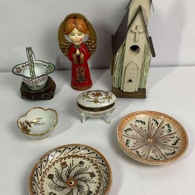 Decorative Ceramic & Angel Figurine Lot – Plates, Birdhouses & Trinket Box