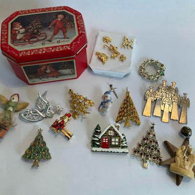 Vintage Christmas Brooch & Pin Collection with Tin