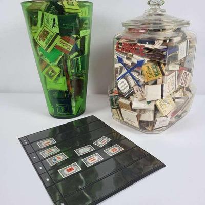 Vintage Matchbook & Stamp Collection in Decorative Containers