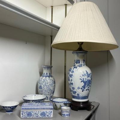 Blue & White Ceramic Decor Lot with Matching Lamp