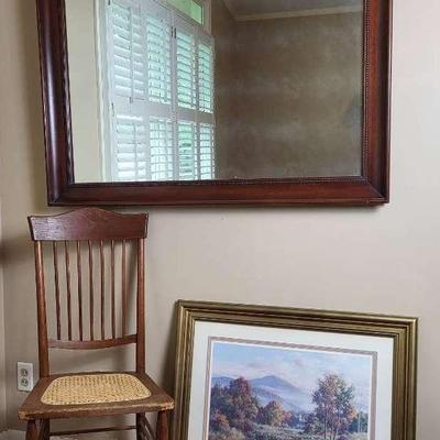 Framed Wall Mirror, Artwork, and Cane Seat Chair