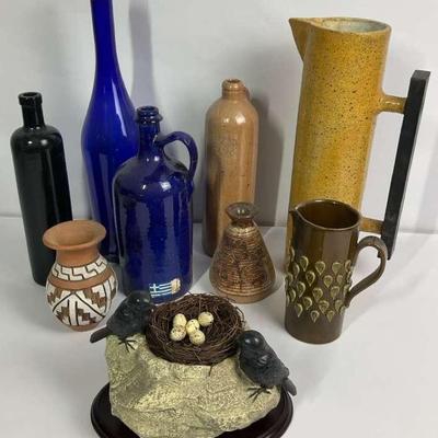 Decorative Bottle & Pottery Lot – Assorted Glass, Stoneware & Ceramic