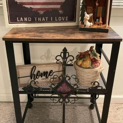 Metal Rolling Table with Rustic Decor Accents