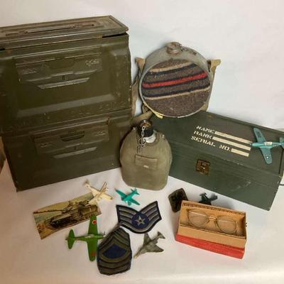 Military Keepsake Lot with Ammo Box & Canteens