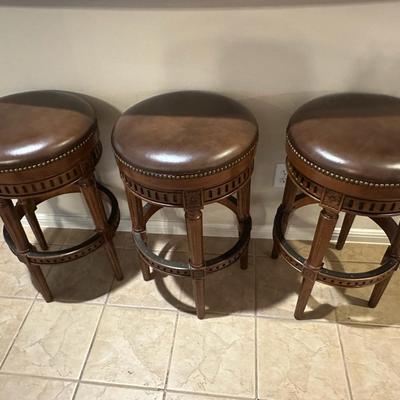 Set of 3 Carved Wood & Leather Bar Stools