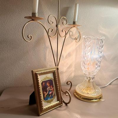 Crystal Lamp, Gold Candelabra & Framed Madonna Art