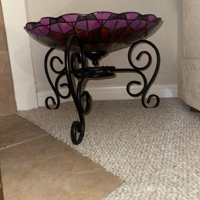 Mosaic Bowl With Vintage Wrought Iron Stand 