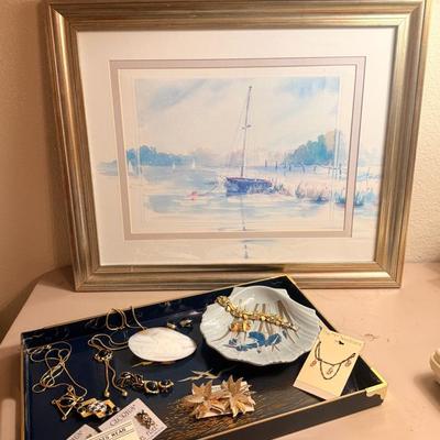 Framed Sailboat Art + Costume Jewelry & Trinket Dishes