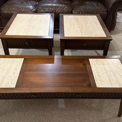Wood & Stone Inlay Coffee and End Table Set
