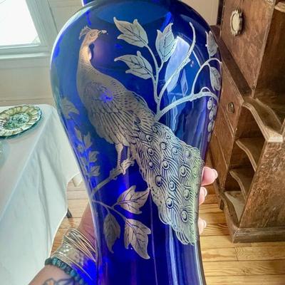 Vintage cobalt glass and sterling silver peacock vase